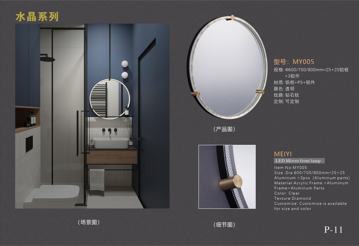 MY005 Crystal Diamond Pattern Round LED Mirror Light